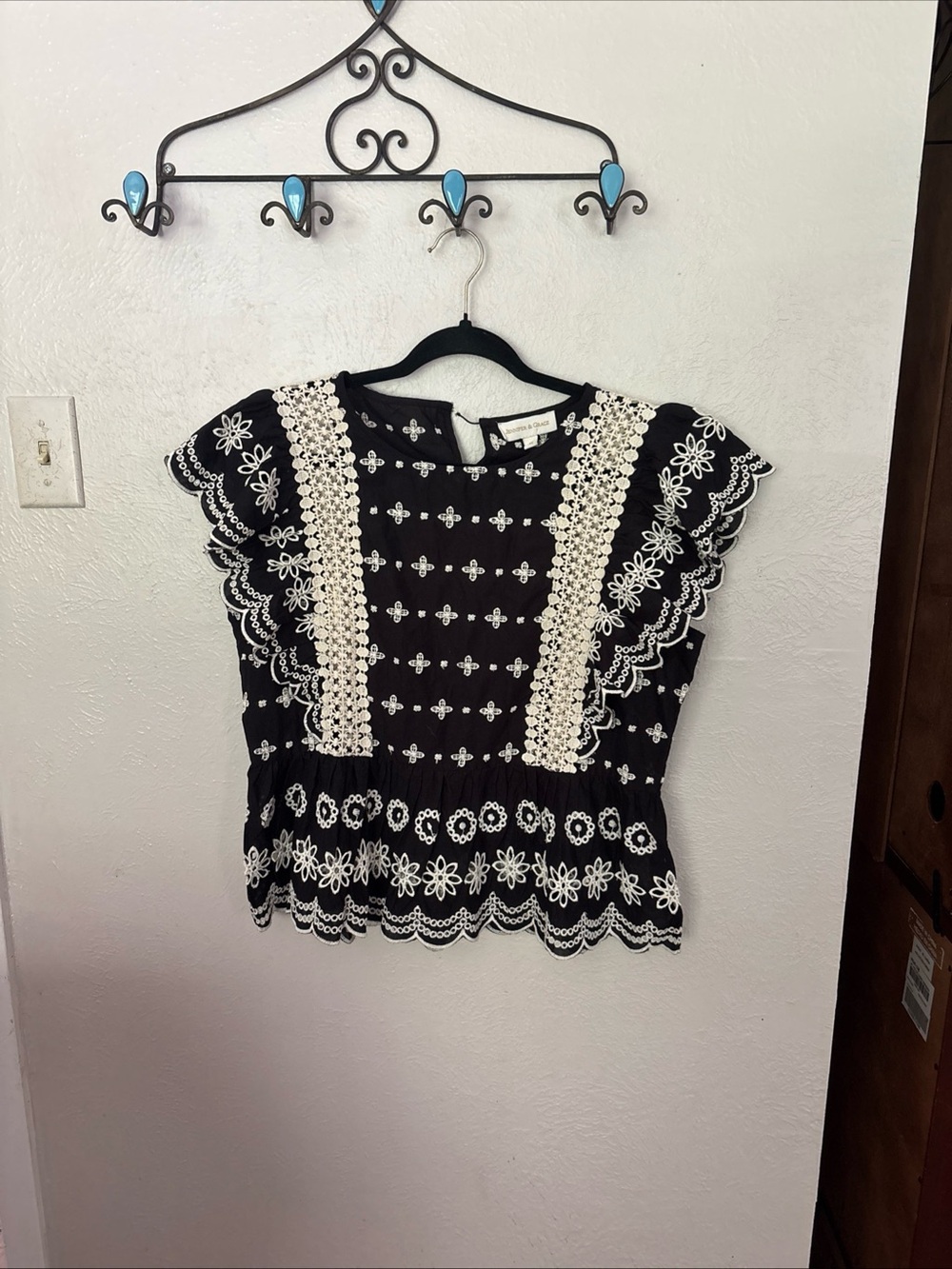 Jennifer and Grace Black Cotton Eyelet-Embroidered Flutter Sleeve Top